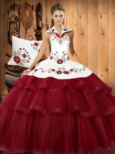 High Quality Wine Red Halter Top Neckline Embroidery and Ruffled Layers Vestidos de Quinceanera Sleeveless Lace Up