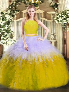 Elegant Tulle Scoop Sleeveless Zipper Ruffles Quinceanera Gown in Multi-color