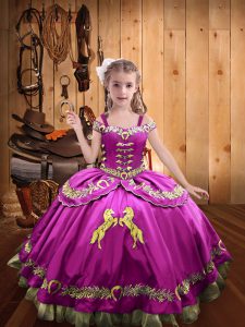 Fuchsia Sleeveless Floor Length Beading and Embroidery Lace Up Little Girl Pageant Gowns