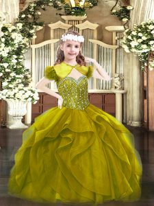 Tulle Straps Sleeveless Lace Up Beading and Ruffles Kids Pageant Dress in Olive Green