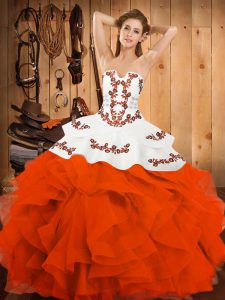 Romantic Floor Length Lace Up Ball Gown Prom Dress Orange Red for Military Ball and Sweet 16 and Quinceanera with Embroi