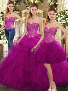 Attractive Floor Length Three Pieces Sleeveless Fuchsia 15 Quinceanera Dress Lace Up