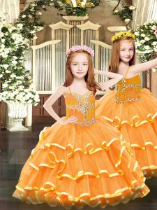 Elegant Orange Ball Gowns Organza Spaghetti Straps Sleeveless Beading and Ruffled Layers Floor Length Lace Up Winning Pa