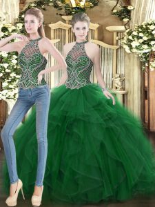 High-neck Sleeveless Lace Up Vestidos de Quinceanera Dark Green Organza