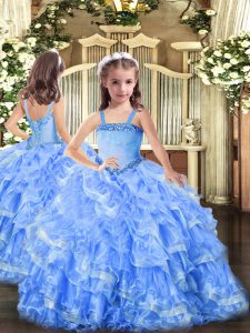 Baby Blue Straps Neckline Appliques and Ruffled Layers Pageant Gowns For Girls Sleeveless Lace Up