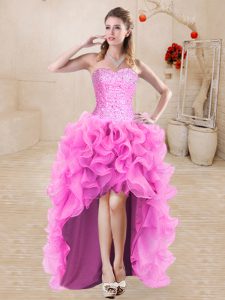 High Low Lace Up Prom Dresses Rose Pink for Prom and Party with Beading and Ruffles