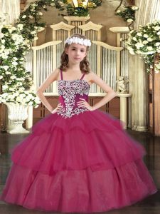Dramatic Wine Red Straps Lace Up Appliques and Ruffled Layers Pageant Gowns For Girls Sleeveless