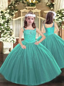 Gorgeous Tulle Straps Sleeveless Lace Up Beading Pageant Gowns in Teal