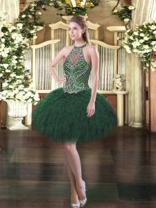 Ball Gowns Homecoming Dress Dark Green Halter Top Organza Sleeveless Mini Length Lace Up