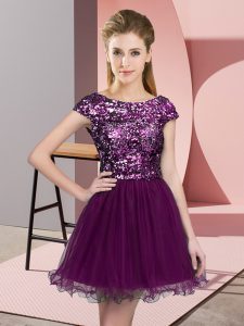 Purple A-line Sequins Wedding Guest Dresses Zipper Tulle Cap Sleeves Mini Length