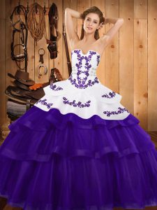 Fabulous Purple Quinceanera Gowns Tulle Sweep Train Sleeveless Embroidery and Ruffled Layers