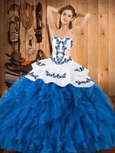 Fabulous Blue And White Sleeveless Satin and Organza Lace Up Ball Gown Prom Dress for Military Ball and Sweet 16 and Qui