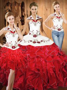 Floor Length White And Red Quinceanera Dress Halter Top Sleeveless Lace Up