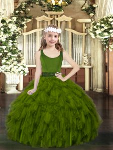 Enchanting Beading and Ruffles Pageant Dress Toddler Olive Green Zipper Sleeveless Floor Length