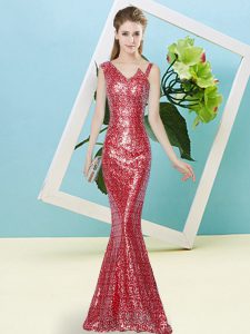 Delicate Red Mermaid Asymmetric Sleeveless Sequined Floor Length Zipper Sequins Prom Evening Gown