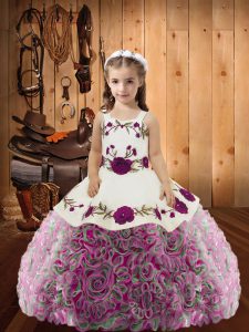 Latest Multi-color Ball Gowns Straps Sleeveless Fabric With Rolling Flowers Floor Length Lace Up Embroidery and Ruffles 