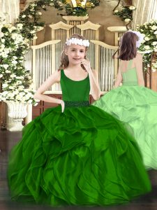 Dark Green Organza Zipper Scoop Sleeveless Floor Length Pageant Gowns For Girls Beading and Ruffles