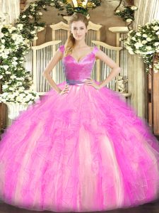Best Selling Sleeveless Tulle Floor Length Zipper 15 Quinceanera Dress in Rose Pink with Beading and Ruffles