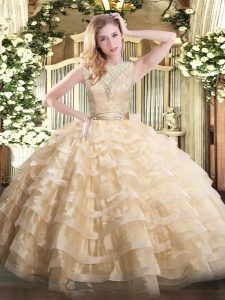 Sophisticated Champagne Organza Backless Scoop Sleeveless Floor Length Quinceanera Gowns Lace and Ruffled Layers