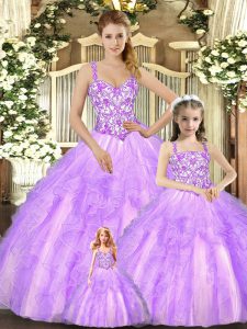 Elegant Beading and Ruffles 15th Birthday Dress Lilac Lace Up Sleeveless Floor Length