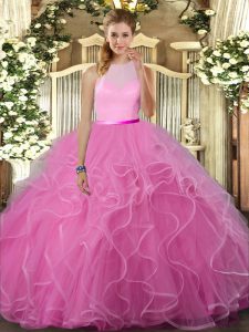 High-neck Sleeveless Backless Quinceanera Gown Rose Pink Tulle