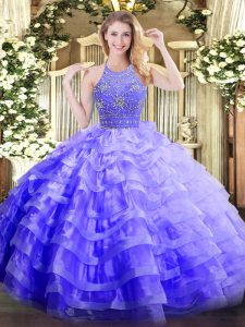 Lavender Zipper Quinceanera Dresses Beading and Ruffled Layers Sleeveless Floor Length