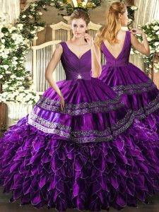 Pretty Eggplant Purple Sleeveless Beading and Ruffles and Ruching Floor Length Quince Ball Gowns