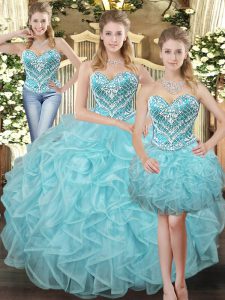 Most Popular Aqua Blue Organza Lace Up Sweetheart Sleeveless Floor Length 15 Quinceanera Dress Beading and Ruffles