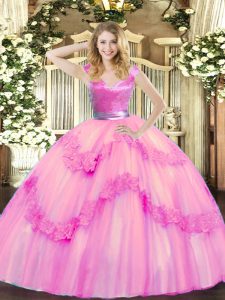 Amazing Floor Length Rose Pink Quince Ball Gowns Tulle Sleeveless Beading and Appliques