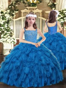 Blue Ball Gowns Organza Straps Sleeveless Beading and Ruffles Floor Length Lace Up Pageant Dress for Teens