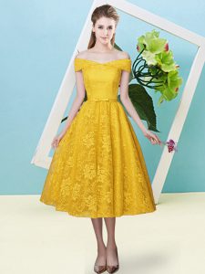 Smart Lace Off The Shoulder Cap Sleeves Lace Up Bowknot Court Dresses for Sweet 16 in Gold