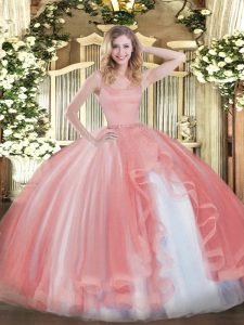 Dynamic Coral Red Tulle Zipper Straps Sleeveless Floor Length Quinceanera Dress Beading