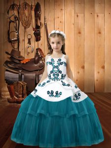 Charming Teal Straps Neckline Embroidery Little Girl Pageant Dress Sleeveless Lace Up