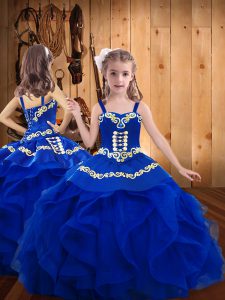 Straps Sleeveless Child Pageant Dress Floor Length Embroidery Royal Blue Organza