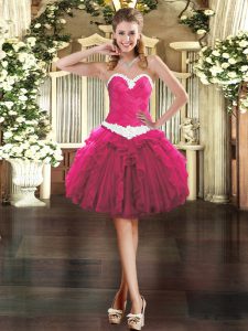 Fuchsia Ball Gowns Appliques and Ruffles Prom Evening Gown Lace Up Organza Sleeveless Mini Length