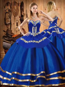 Blue Ball Gowns Embroidery Sweet 16 Dresses Lace Up Organza Sleeveless Floor Length