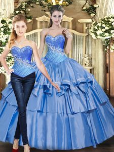 Baby Blue Sleeveless Floor Length Beading and Ruffled Layers Lace Up 15th Birthday Dress