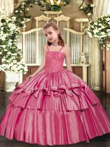 Rose Pink Ball Gowns Beading and Ruffled Layers Kids Formal Wear Lace Up Taffeta Sleeveless Floor Length