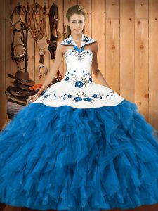 Customized Sleeveless Lace Up Floor Length Embroidery and Ruffles Sweet 16 Dress