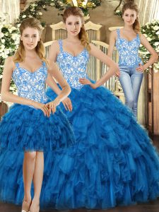 Blue Lace Up Straps Beading and Ruffles Sweet 16 Quinceanera Dress Organza Sleeveless
