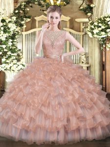 Unique Scoop Sleeveless Tulle Quinceanera Dresses Beading and Ruffled Layers Backless