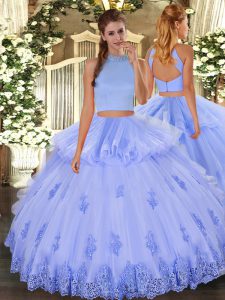 Best Selling Light Blue Sleeveless Floor Length Beading and Appliques and Ruffles Backless 15 Quinceanera Dress