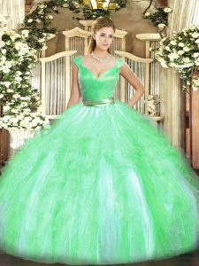 Apple Green Sleeveless Beading and Ruffles Floor Length Quince Ball Gowns