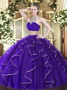 Purple Tulle Backless Quinceanera Dresses Sleeveless Floor Length Beading and Ruffles