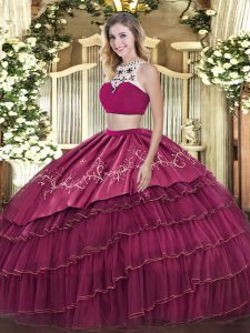 Sleeveless Tulle Floor Length Backless Quinceanera Gowns in Fuchsia with Beading and Embroidery and Ruffled Layers