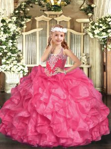 Sleeveless Floor Length Beading and Ruffles Lace Up Girls Pageant Dresses with Hot Pink