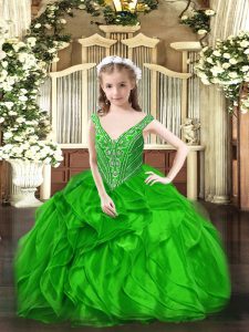 Green V-neck Neckline Beading and Ruffles Kids Pageant Dress Sleeveless Lace Up