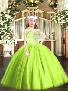 Dramatic Floor Length Yellow Green Child Pageant Dress Off The Shoulder Sleeveless Lace Up