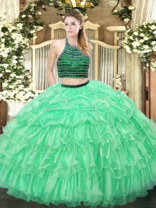 Clearance Apple Green Zipper Halter Top Beading and Ruffled Layers 15 Quinceanera Dress Organza Sleeveless