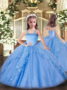 Attractive Straps Sleeveless Organza Kids Pageant Dress Appliques and Ruffles Lace Up